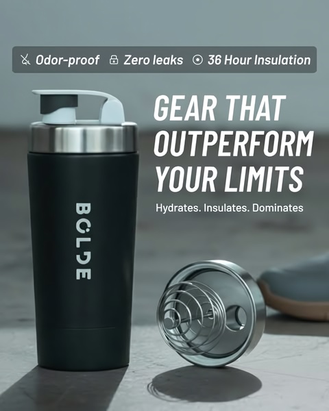 shaker bottle, protein shaker, insulated bottle, workout bottle, fitness bottle, blender bottle, sports bottle, product launch, brand awareness, minimalist, bold, trustworthy, neutral, black